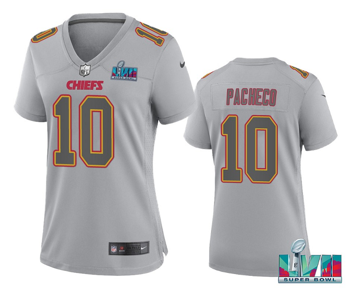 Women's Kansas City Chiefs #10 Isiah Pacheco Grey Super Bowl LVII Patch Atmosphere Fashion Stitched Game Jersey(Run Small)